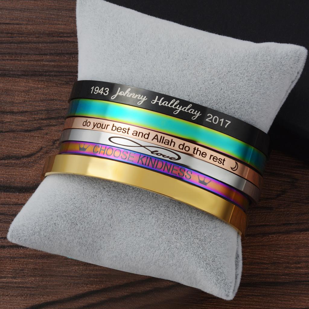 Neuer Regenbogen-Edelstahl-Armreif mit Gravur, positives, inspirierendes Zitat, Mantra-Armband, Geschenk für Frauen