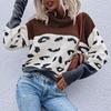 Vintage Fashion Elegant Casual Autumn and Winter Women's Leopard Print Color Collision Long-sleeved Pullover Sweater Women