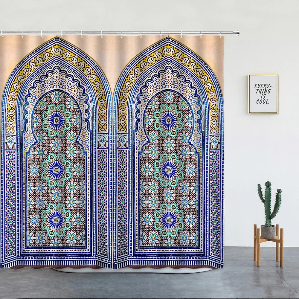 Tenda da Doccia Marocchina 3D Cancello Invecchiato Motivo Geometrico Design Porta d'Ingresso Ingresso Stile Orientale Architettonico Tende da Bagno