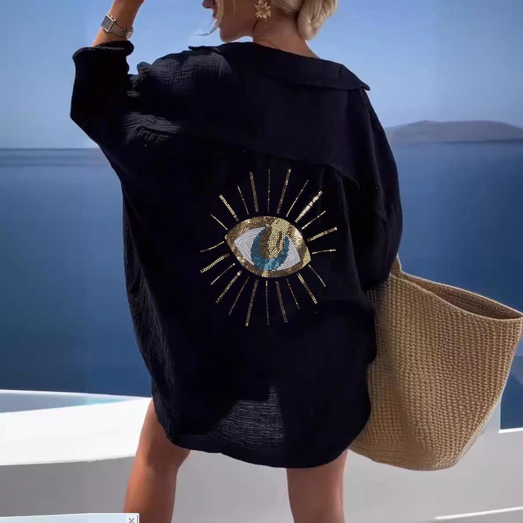 European and American Women's Plus Size Turn-Down Collar Casual Long-Sleeve Shirt for Autumn and Winter.