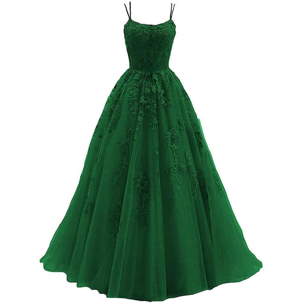 Feines Träger-Abendkleid Lang Tüll Spitze Applikation Damen Party-Abschlussballkleid
