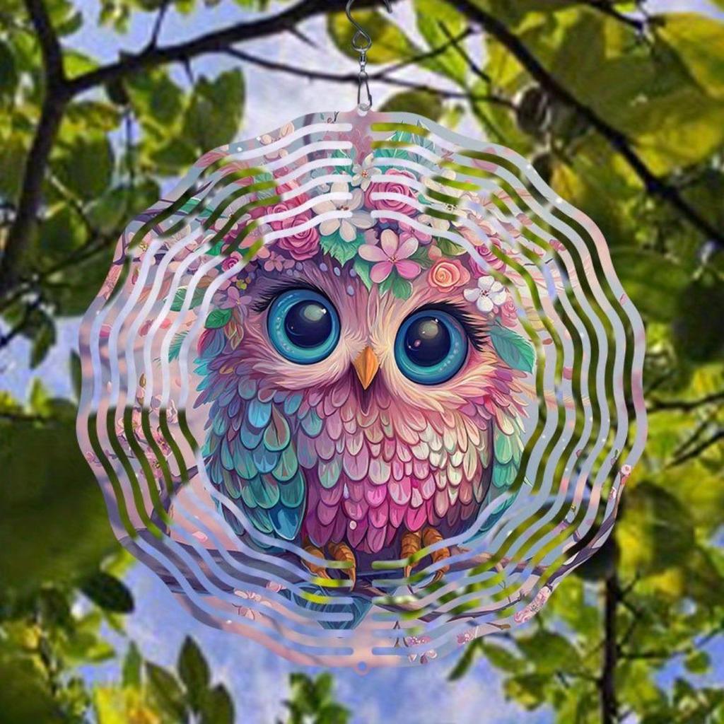 Metal Owl Wind Chime Outdoor Hanging Decor 2D Kinetic Floral Design for Garden Patio Christmas Thanksgiving Gift No Electricity Needed