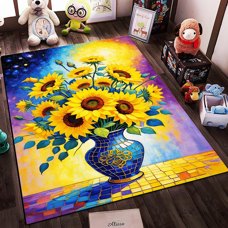 Bunter Sonnenblumen-Vasenmuster-Teppich, Helles florales Kunstdesign-Teppich Geeignet für die Verwendung als Antirutsch-Matte für Wohnzimmer, Schlafzimmer, Sofas