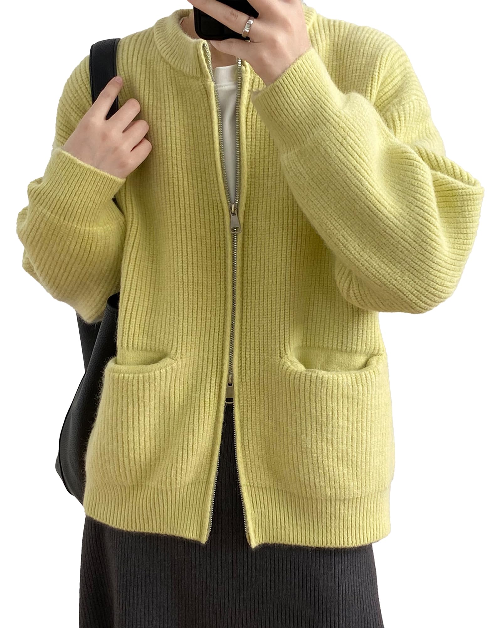 

Hanmall Вязаный свитер без воротника на молнии с карманами и двойной передней частью, свободный, зимний, длинный, согревающий осенью, идеально подходит для通勤 женщин