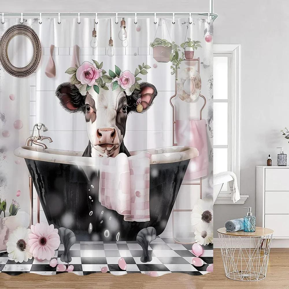 Kreskówkowy Zabawny Zwierzę Kąpielowe Zasłona Prysznicowa Nadruk Krowy Highland Ozdoby Łazienkowe Poliestrowa Zasłona Prysznicowa