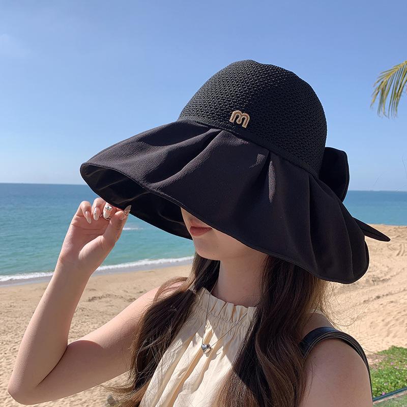 

Vinyl sunscreen hat women s splicing mesh bow bucket hat seaside UV protection breathable cool hat (55-59) colored glue windbreak rope