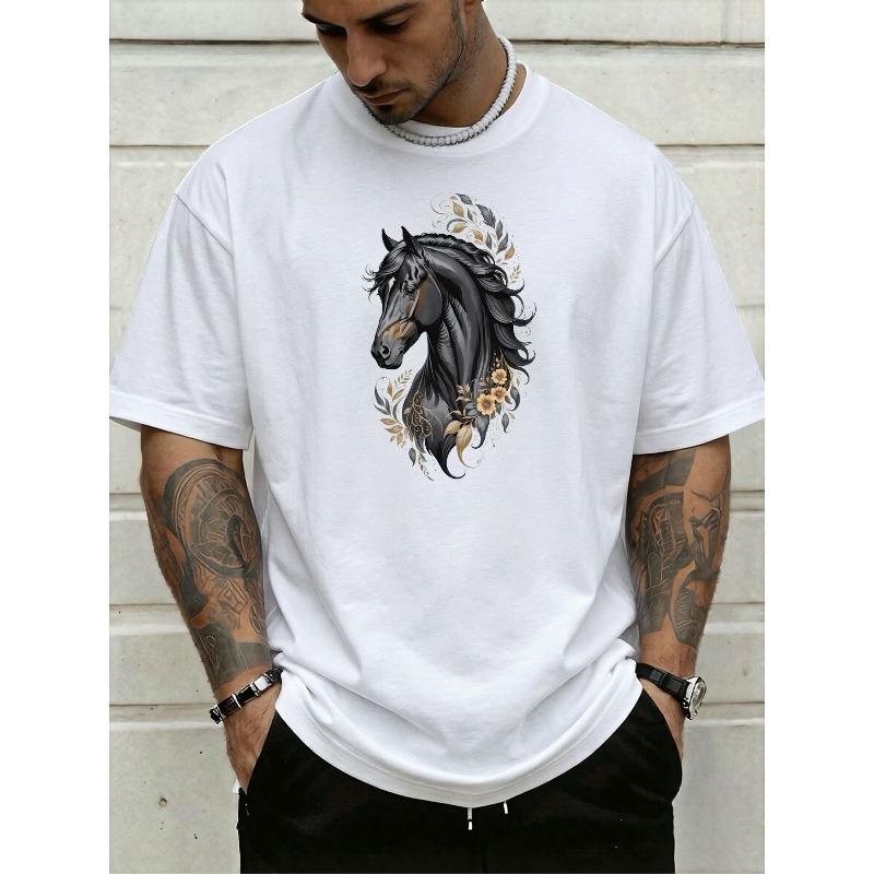 European Sizes Men's Fashion Casual Trendy Street Style Graphic Tee with Floral Black Horse Pattern Adult Male Holiday Gift Daily Wear
