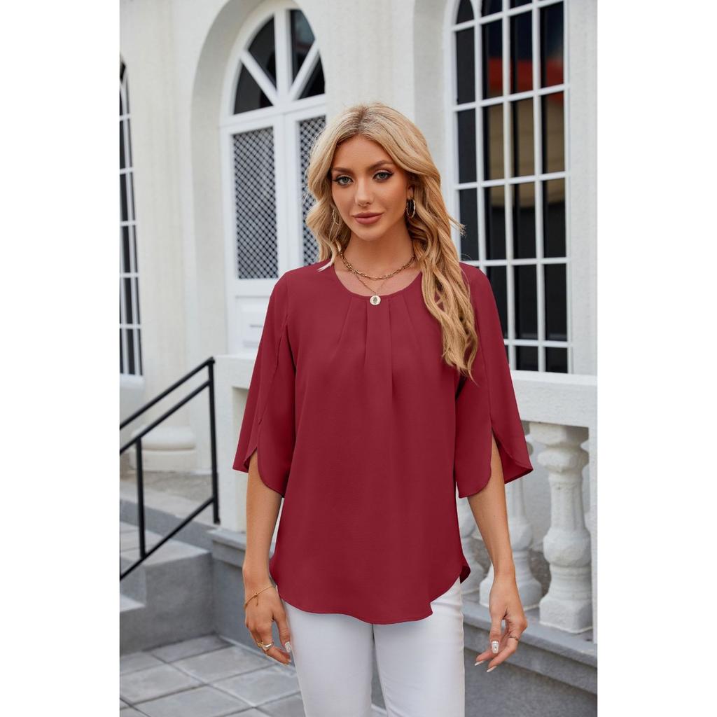 Solid Colour Round Neck Five-quarter Sleeve Short Sleeve,loose Chiffon Shirt Tops for Women