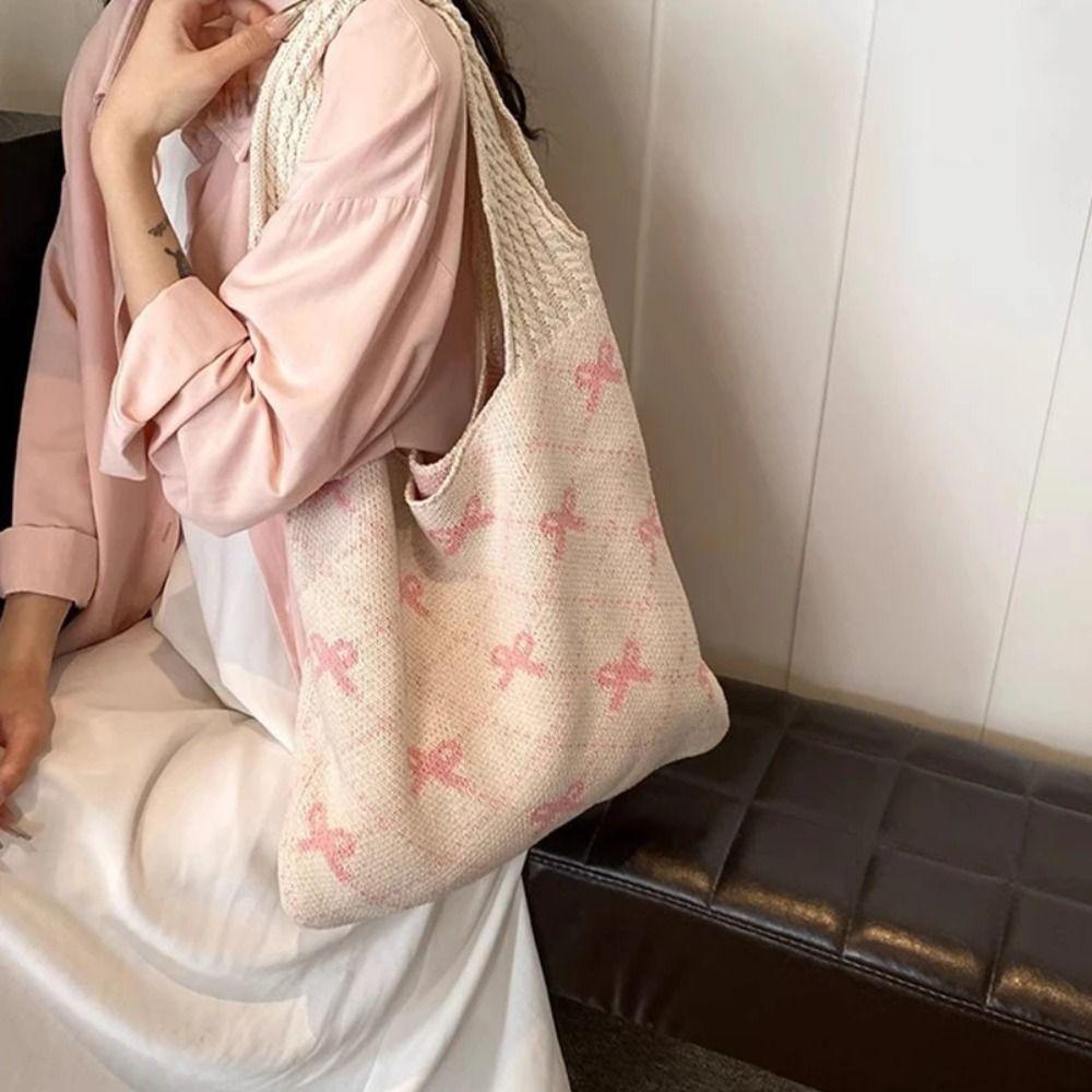 Large Capacity Crochet Tote Bag Sweet Beach Bag Trendy Casual Woven Handbag  Female