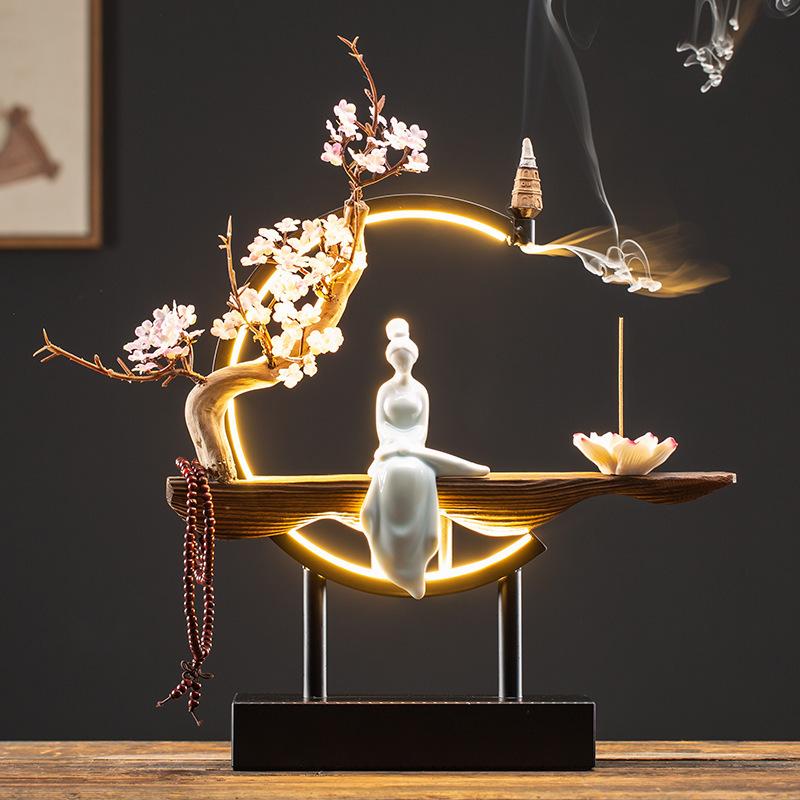 Creative New Chinese-style LED Light Ring Reverse-flow Scented Item, Living Room Entrance Decoration,Zen-themed Handicraft Item