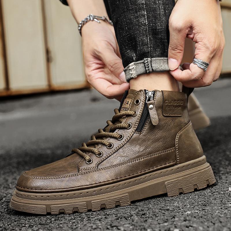 Italian Brand Men's Casual Leather Ankle Boots Fashion Flat Designer Antiskid Hiking Shoes High Top Shoes Outdoor Walking Shoes