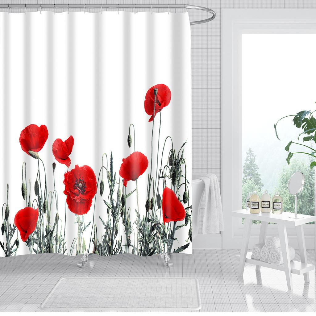 Rose Plum Blossom Flowers Print Waterproof Shower Curtain Washable Fabric Bath Curtain Home Bathroom Curtains With 12 Hooks