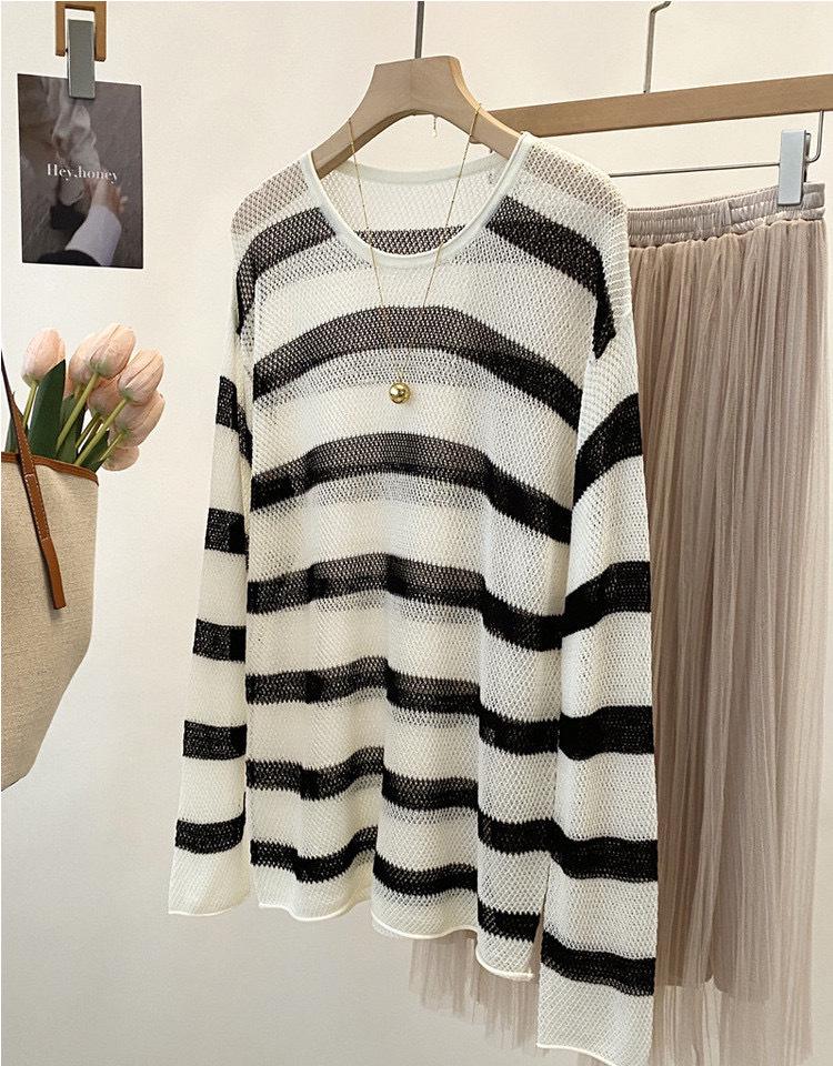 Women's Summer Striped Linen Knitwear: Openwork Long Sleeve Loose T-shirt Cardigan