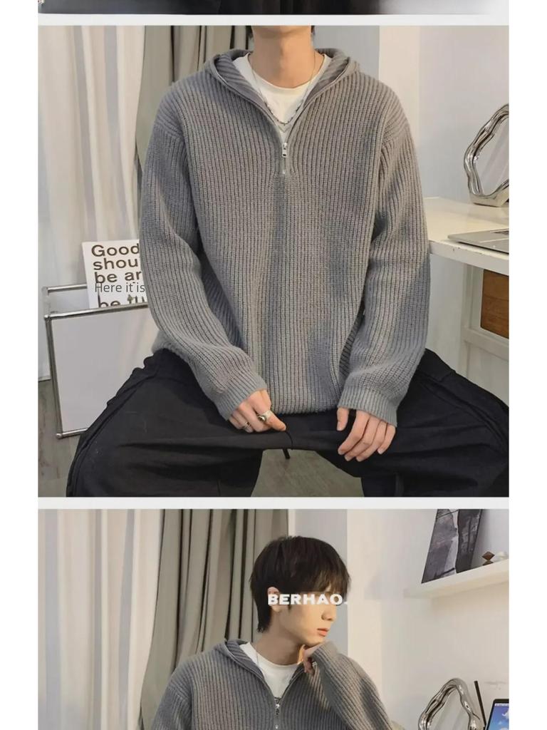 Men's Gray Cleanfit Half-Zip Hooded Sweater - Casual, Cool American Style Knitted Jacket