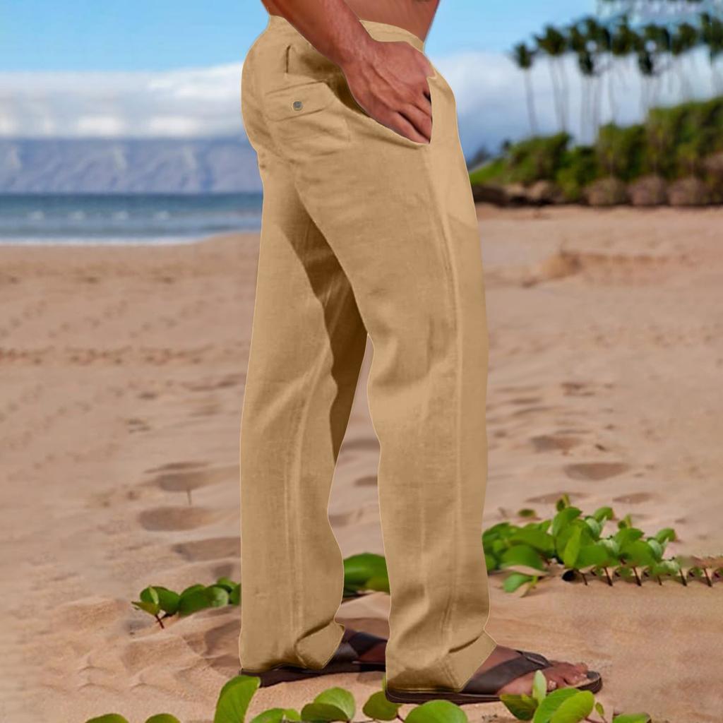 Men's Fashion Casual Cotton Casual Lightweight Hemp Drawstring Color Beach Trousers Pants