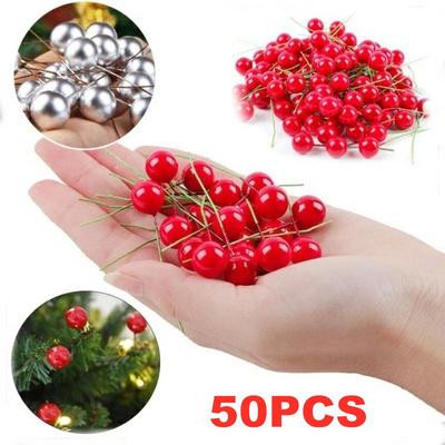 50 Peças Enfeite de Frutas Vermelhas Artificiais de Natal Acessórios de Decoração