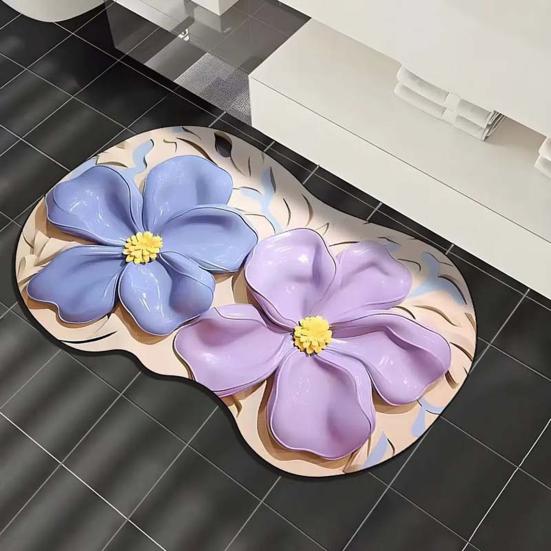 Floor Mat with Anti-Slip Bottom Quick-Drying Material 3D Floral Pattern Bathtub Mat Bathroom Kitchen Entryway Decor