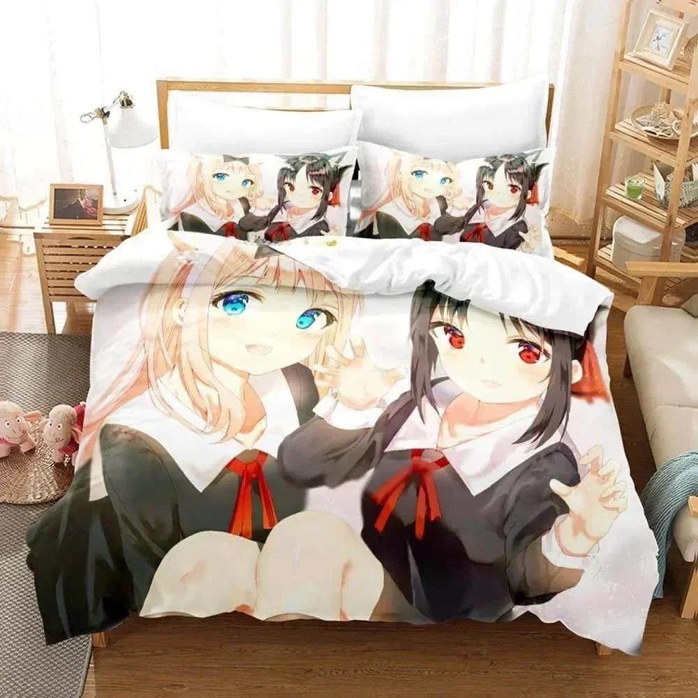 3D Print Anime Kawaii Girls Kaguya-Sama Love Is War Bedding Set Printed Bed Set With Pillowcase Duvet Cover Soft Bedclothes Home