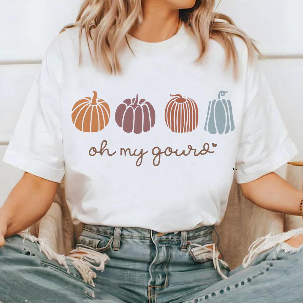 

Oh My Gourd Cute Pumpkins Printed TShirt Womens Thanksgiving Graphic Trendy Casual TShirt Round Neck Clothing Fall Basic Tee S