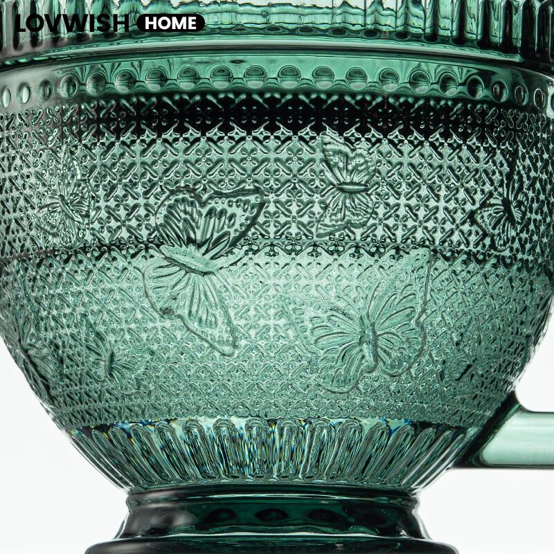 LOVWISH Dark Green Butterfly Embossed Glass Mug with Handle & Lid