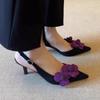 Sexy Purple Flower Sling Back Pumps Women 2025 Summer Elegant Pointed Toe High Heel Sandals French Retro Party Dress Pumps