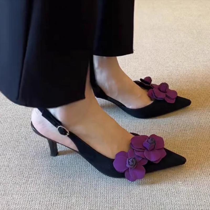 Sexy Purple Flower Sling Back Pumps Women 2025 Summer Elegant Pointed Toe High Heel Sandals French Retro Party Dress Pumps