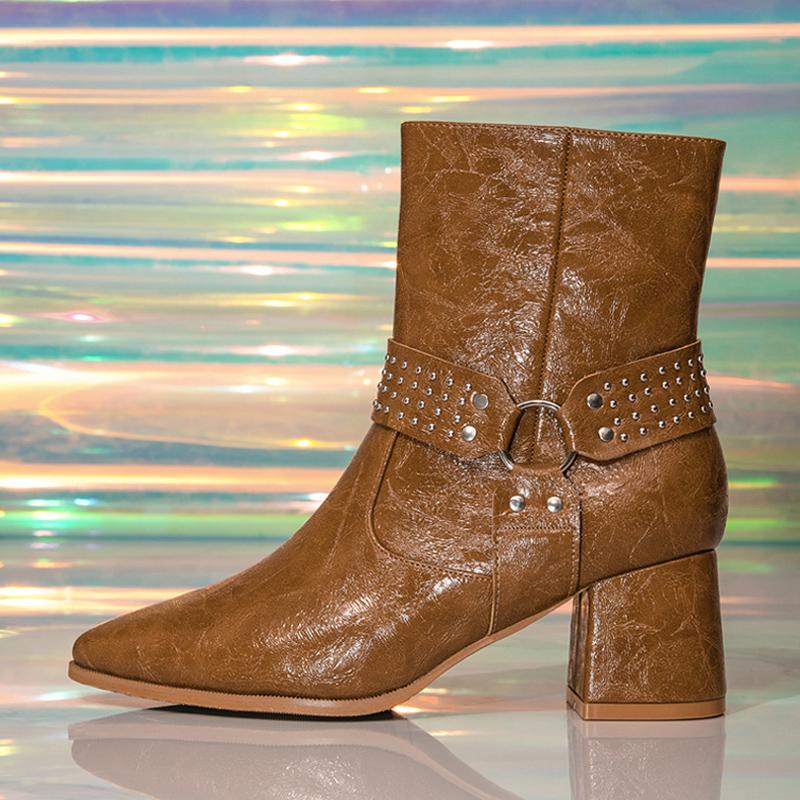 

Модные Liyke Новые Коричневые Кожаные Челси Модные Металлические Кольца Ремешок с Заклепками Женские Ботильоны Винтажный Острый Носок Молния Низкий Квадратный Каблук 36 коричневый