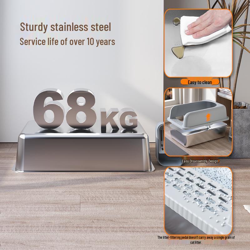Edelstahl Leicht zu Reinigende Katzentoilette: Verbreitert, Verdickt, Sandsicher, Spritzwassergeschützt, Großer offener Raum