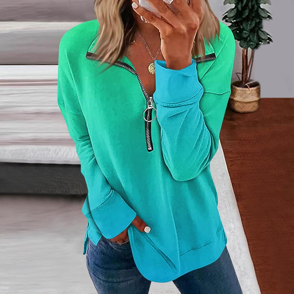 Haut à capuche à fermeture éclair imprimé dégradé à manches longues pour femmes