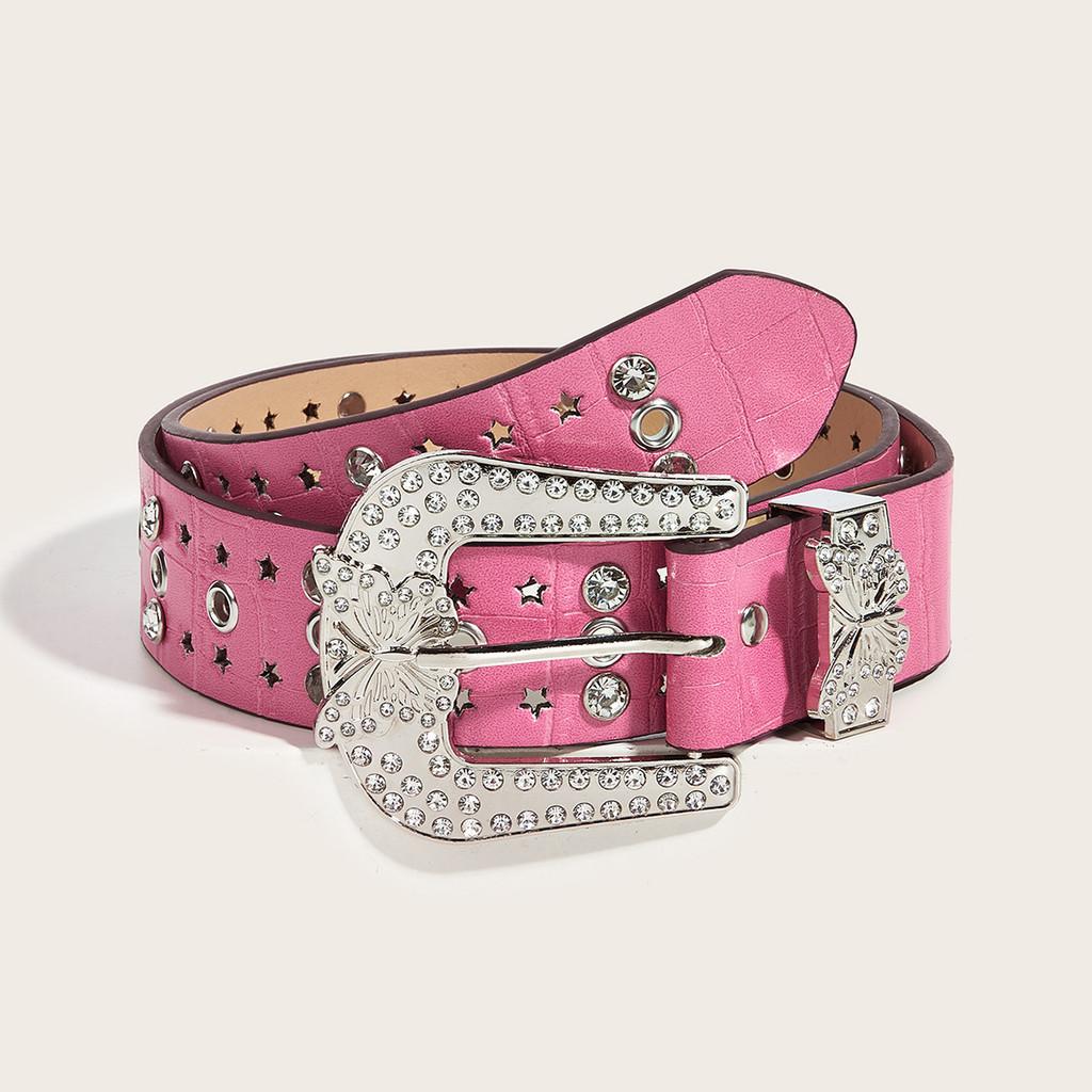 

Womens Retro Style Leather Belt With Butterfly Crystal Buckle For Casual Wear PlumRedButterfly