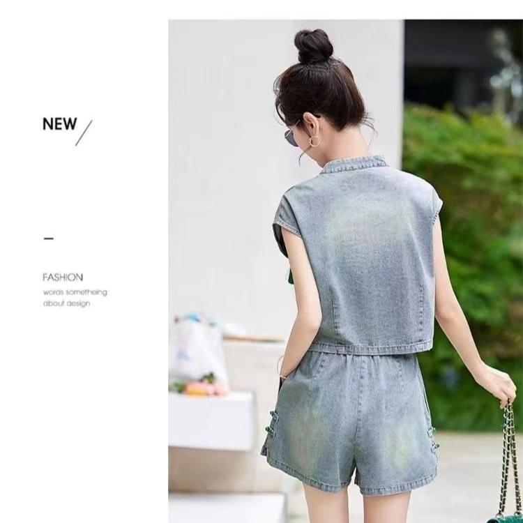 Summer Women Denim Two Piece Set Vintage Embroidered Wide Leg Shorts Chinese Fashion