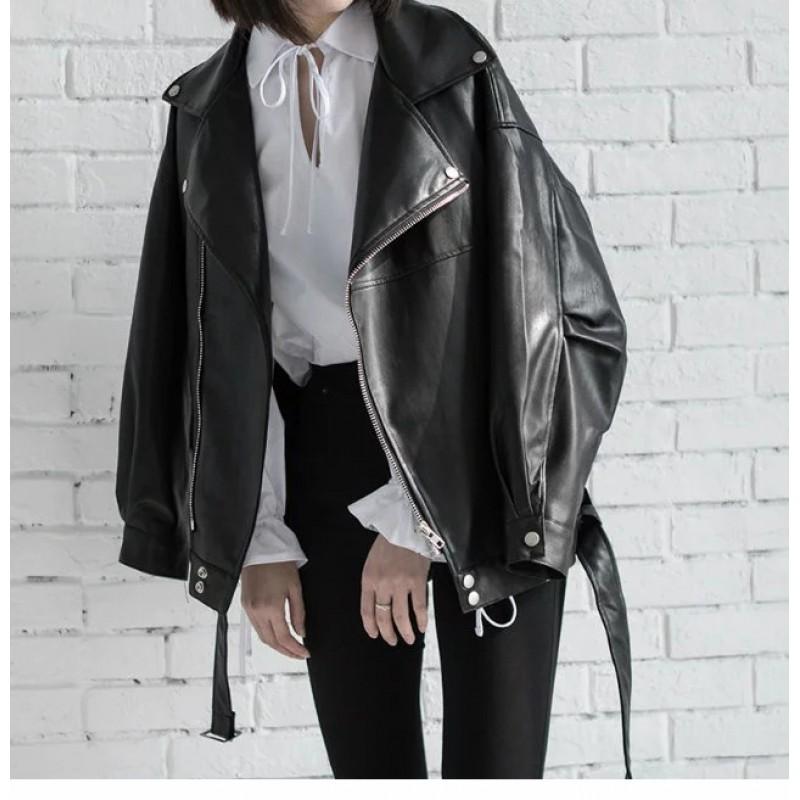 Womens Oversized PU Leather Jacket Loose