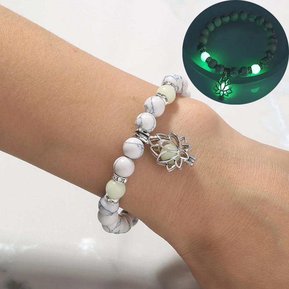 

Glow In The Dark Beaded Bracelet For Women Hollow Flower Turtle Lava Stone Beads Elastic Chain Bangle Fashion Luminous Jewelry