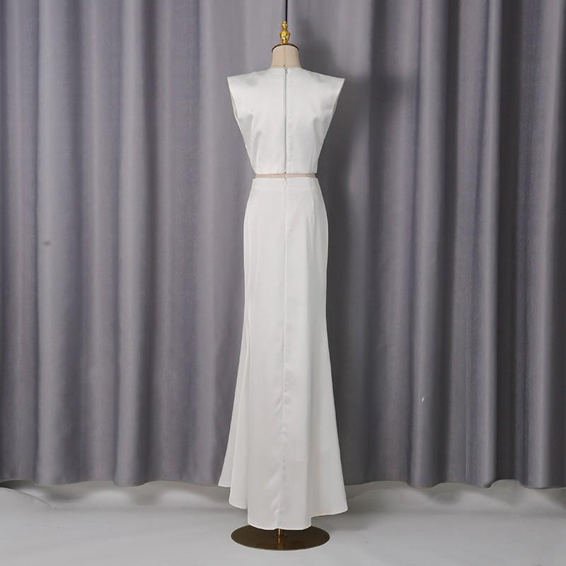 Pure White Light Luxury Diamond-encrusted Fishtail Dress Two-piece Women's Collar Sleeveless + Skirt