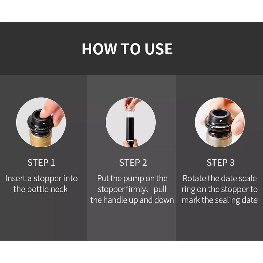 Vacuum Wine Stopper Set With Date Scale 1 Manual Vacuum Push Pull Pump & 4 Memory Wine Bottle Stoppers Barware