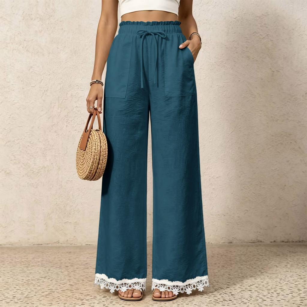 Women's Casual Wide Leg Pants with High Waist Drawstring and Lace Trim Patch Pockets for Everyday Wear