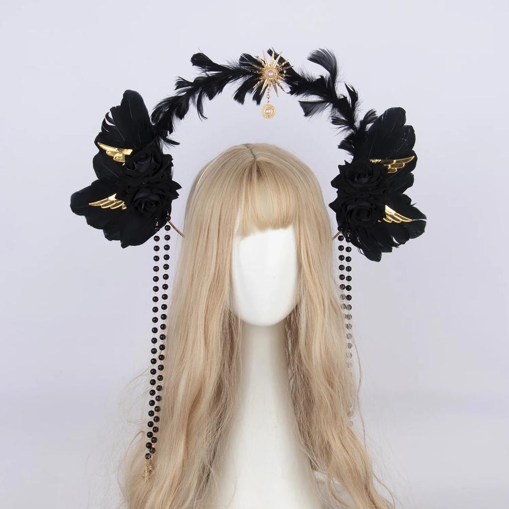 Lolita Corona Aureola Solare Fascia per Capelli Catena di Perline con Nappe Ali d'Angelo Fascia con Spine di Rosa Gotico Vintage Diadema Mary Barocco Copricapo