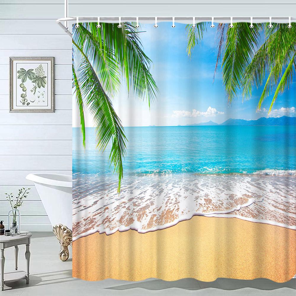 Starfish Beach Bath Shower Curtain Shells Rustic Wooden Planks Palm Trees Natural Landscape Printed Bath Curtains Bathroom Decor