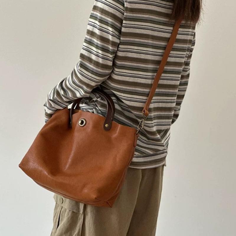 Luxury Leather Tote Bag With Contrast Handle Soft Large Capacity Shoulder Bag Vintage Minimalist Style Women Work Commut Handbag