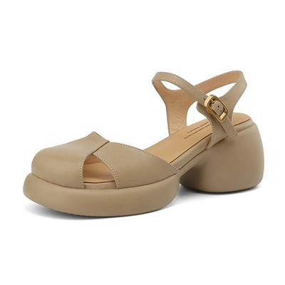 Krazing Pot Schafsleder Schnallenriemen Runde Zehenpartie Dicke Hohe Absätze Elegant Herbst Aushöhlungsdekoration Sommer Schönheit Damen Pumps
