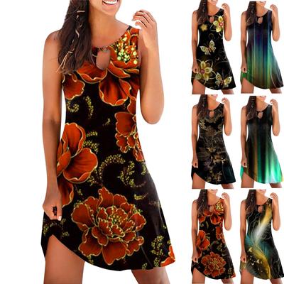 Women Casual Summer Printed Tank Sleeveless Dress Hollow Out Loose Beach Dress