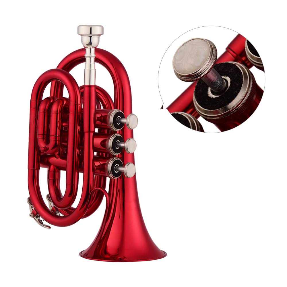 XIXIAN Mini Pocket Trumpet, Bb Flat, Brass, with Mouthpiece, Gloves, Cleaning Cloth, and Carrying Case, 24.5 * 15 * 7.5cm