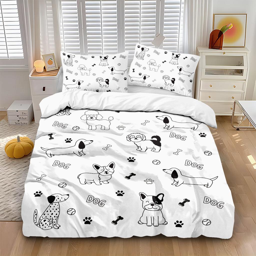 3pcs Cartoon Dog Print Soft Coreless Duvet Cover Set, Multi Size Bedroom Bedding Decoration, Machine Washable