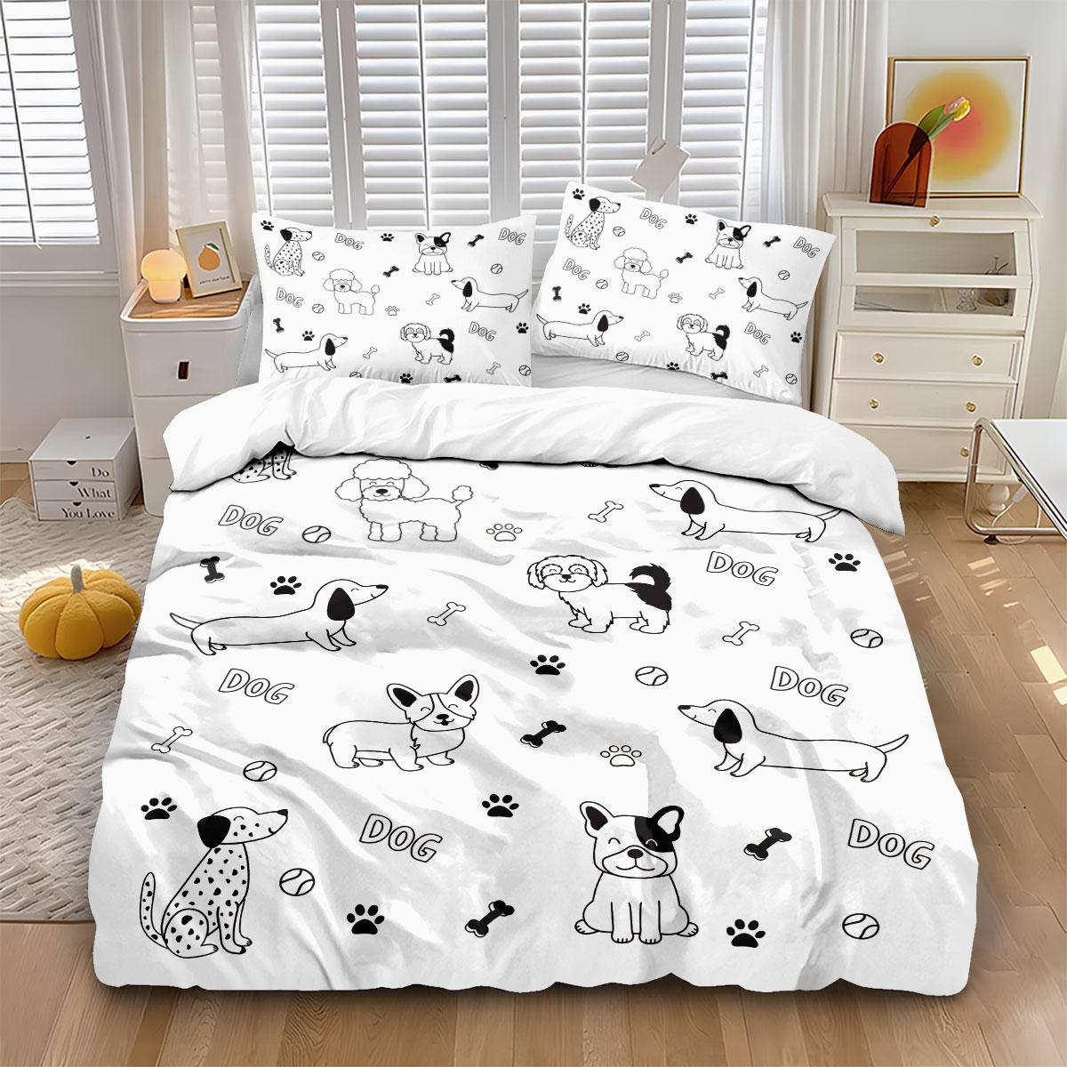 Ensemble de 3 housses de couette douces sans coutures avec motif de chien de dessin animé, Décoration de literie de chambre multi-tailles, Lavable en machine 135x200cm-EU-Single&set