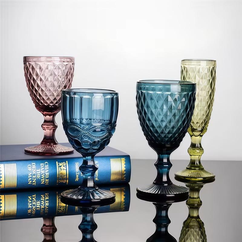 European Embossed Wine Glass Thickened Colorful Glass High Foot Juice Cup Retro Red Wine Glass