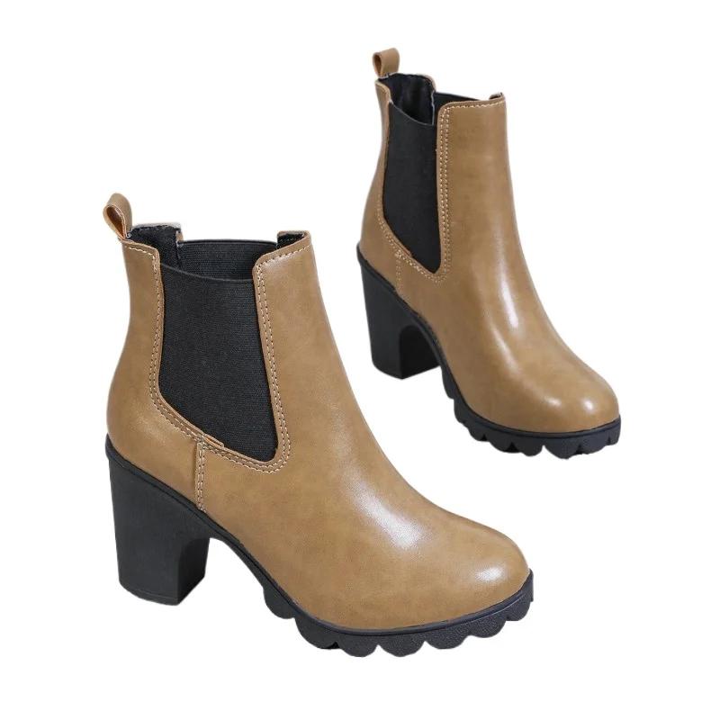 Women's Shoes 2024 Winter Hot Selling Round Toe Solid Color Women's Boots Thick Heel Sleeves Women's High Heel Short Boots