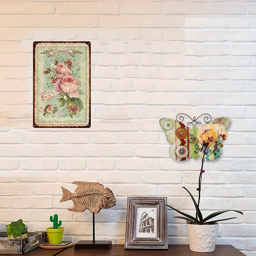 Vintage Rose Flower Metal Tin Sign - Pastoral Artistic Wall Decor with Pink Roses & Green Leaves, 8x12 Inches, Perfect for Home