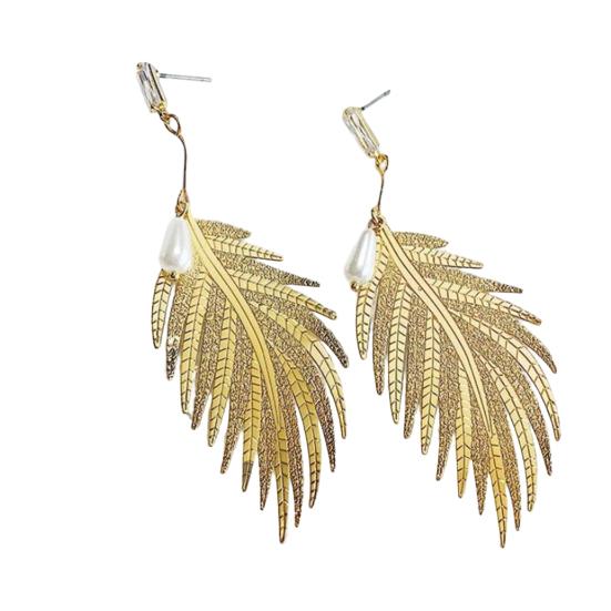 

Fashion Feather Drop Earrings Elegant Metal Faux Pearl Dangling Earrings for Women Hypoallergenic Earrings for Daily Wear Party золотистий