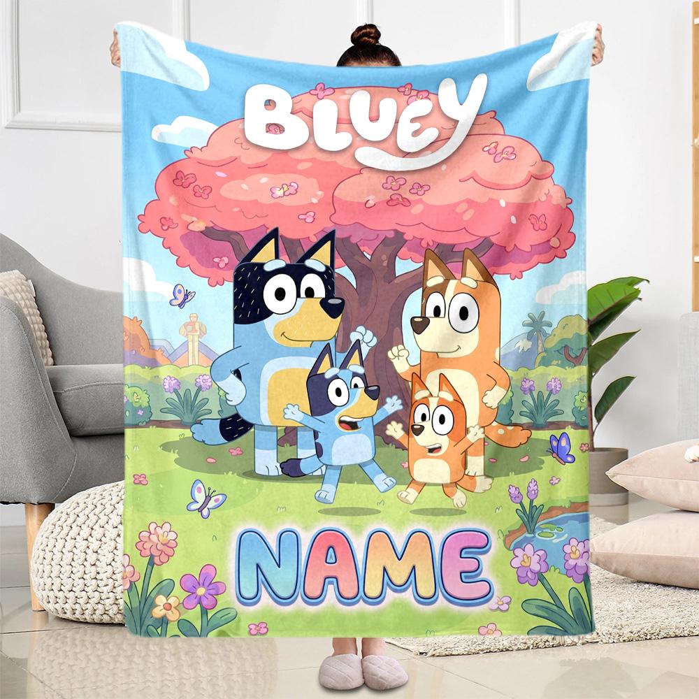 Bluey Family Adventure Personalized Name Blanket Gift Personalized Blanket Warmthful Decor Perfect for Nap Sofa Bed Couch for All Occasions
