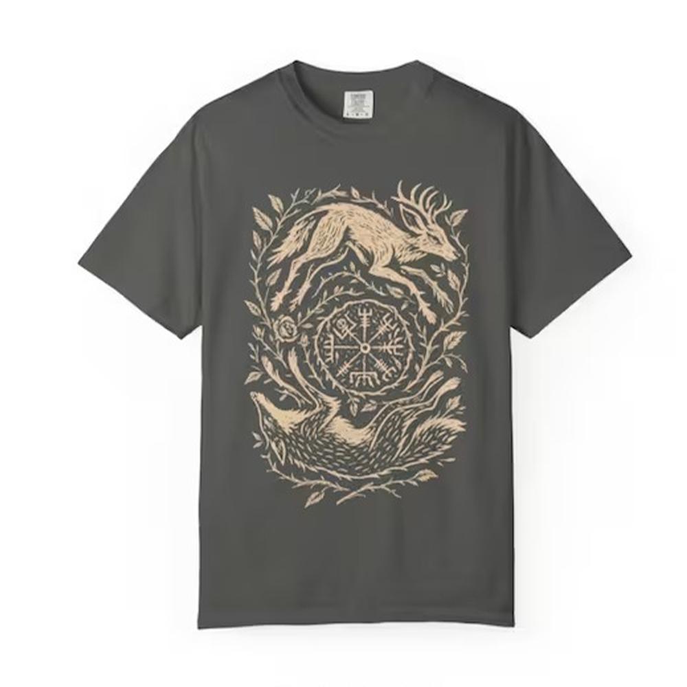 Retro Fox Yin Yang Print Shirt Witchy Forestcore Shirt Mystical Animal Graphic Dark Academia Unisex Y2K Casual Top Streetwear